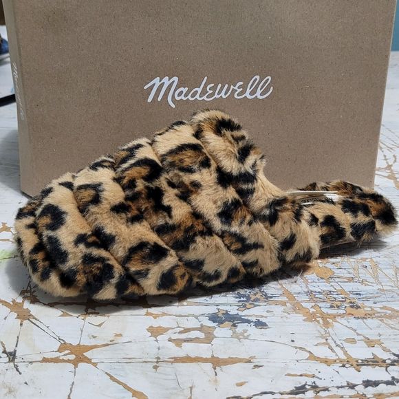NWB Madewell Slippers Womens 7 Quilted Scuff Slippers Leopard Recycled Faux Fur - Picture 4 of 5